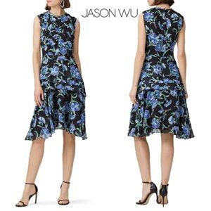 JASON WU COLLECTION Black Chiffon Floral Printed Fit & Flare Dress